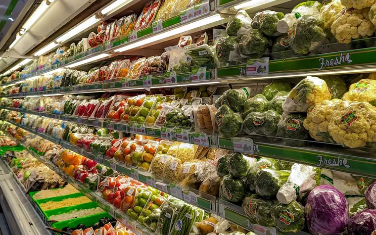 Retail product labels and stock on display.