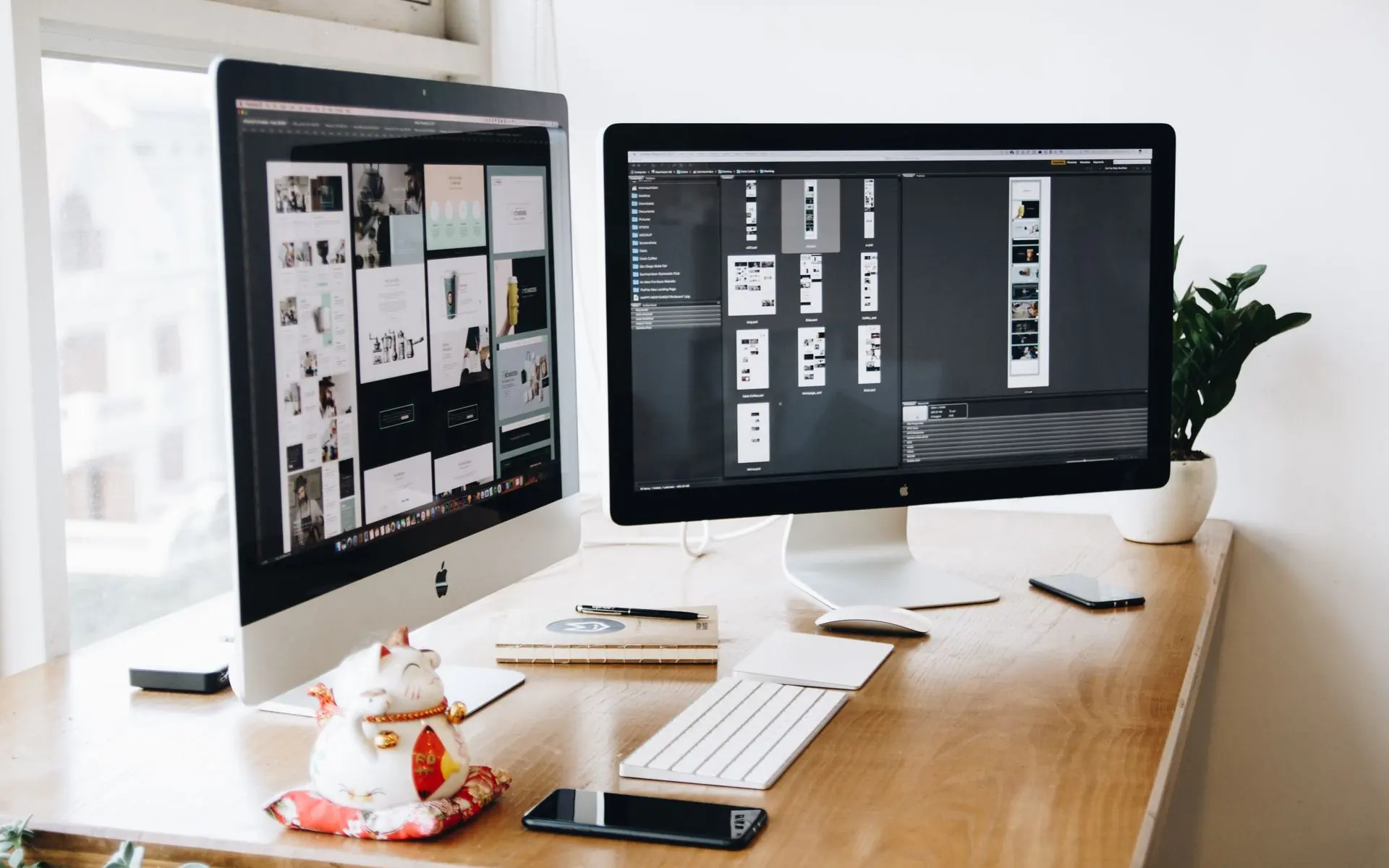 Two desktop screens showing website layouts side by side.