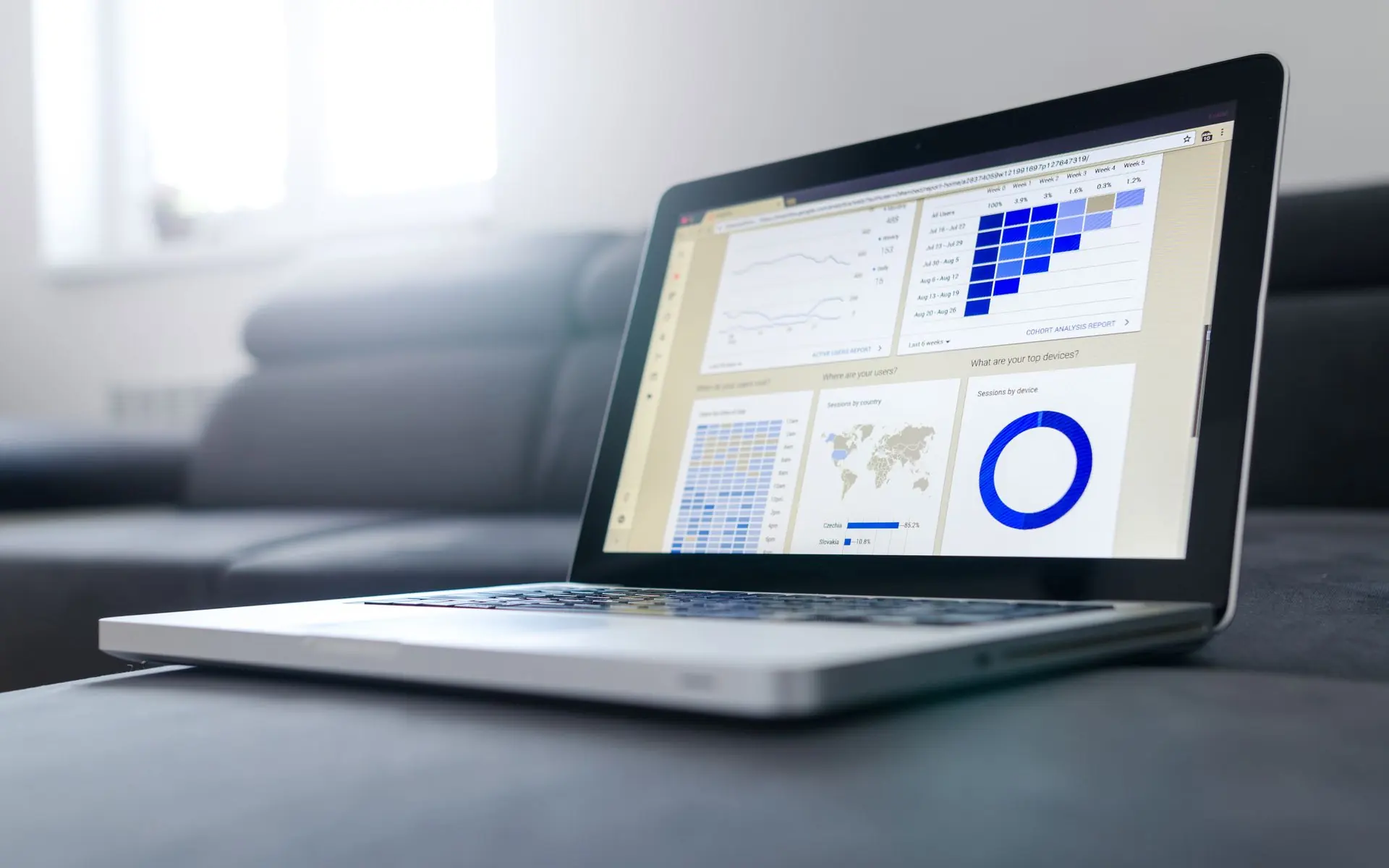 Laptop showing an analytics dashboard with charts.