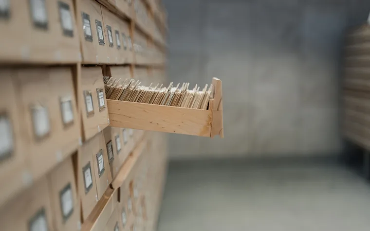 Library card catalogue with one drawer pulled open to reveal rows of index cards.