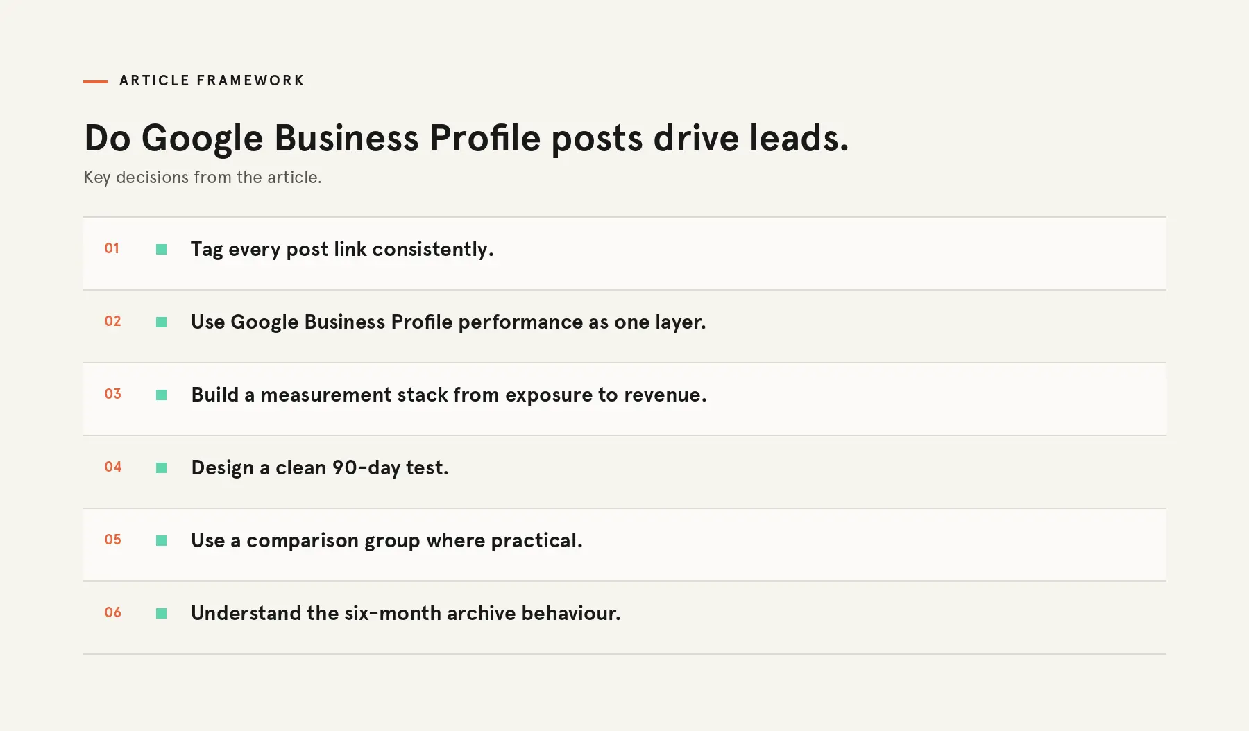 Five level Google Business Profile post measurement stack from publication quality to business outcomes.