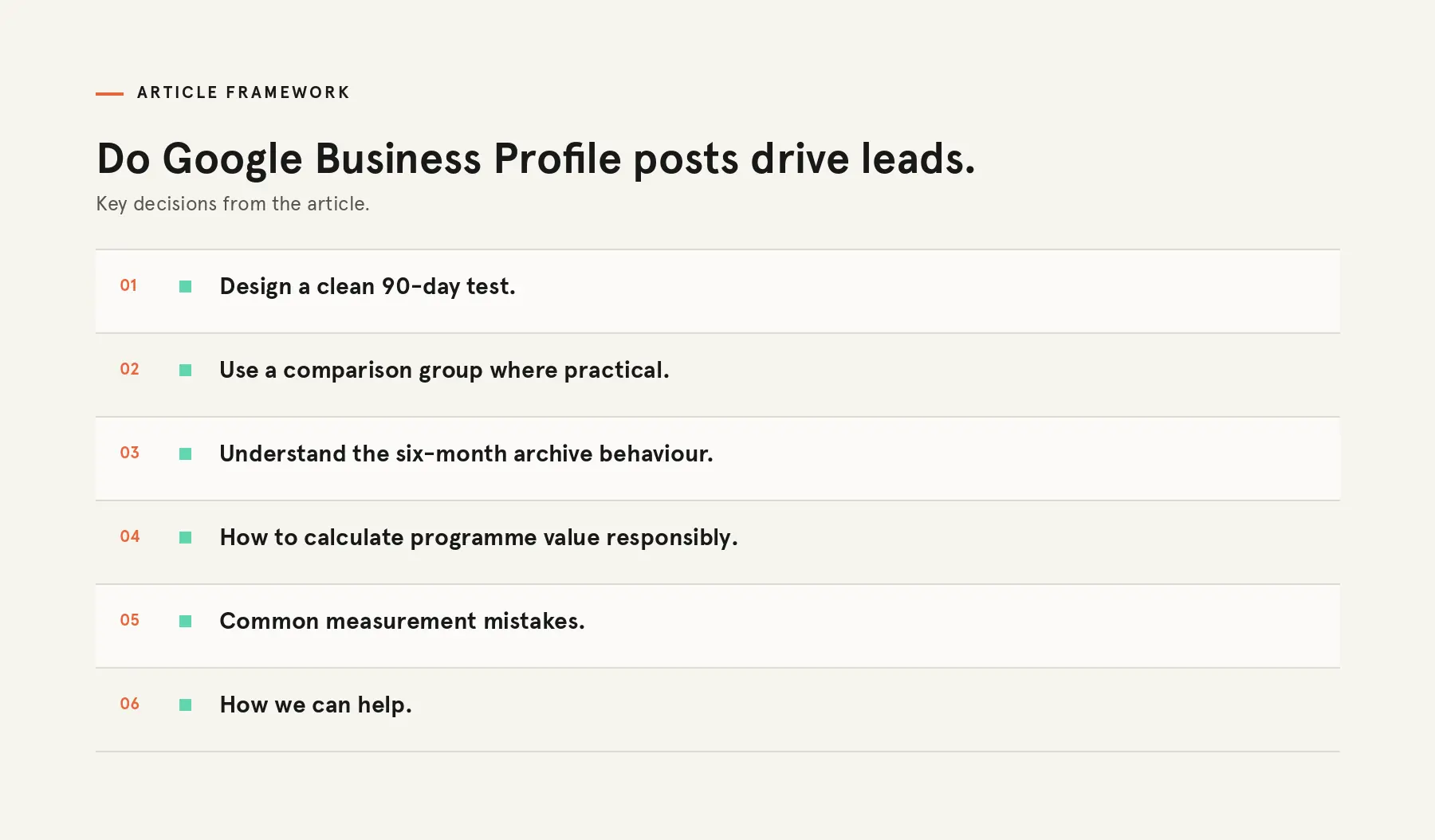 Ninety day Google Business Profile post test from baseline and tagged publishing to a final decision.