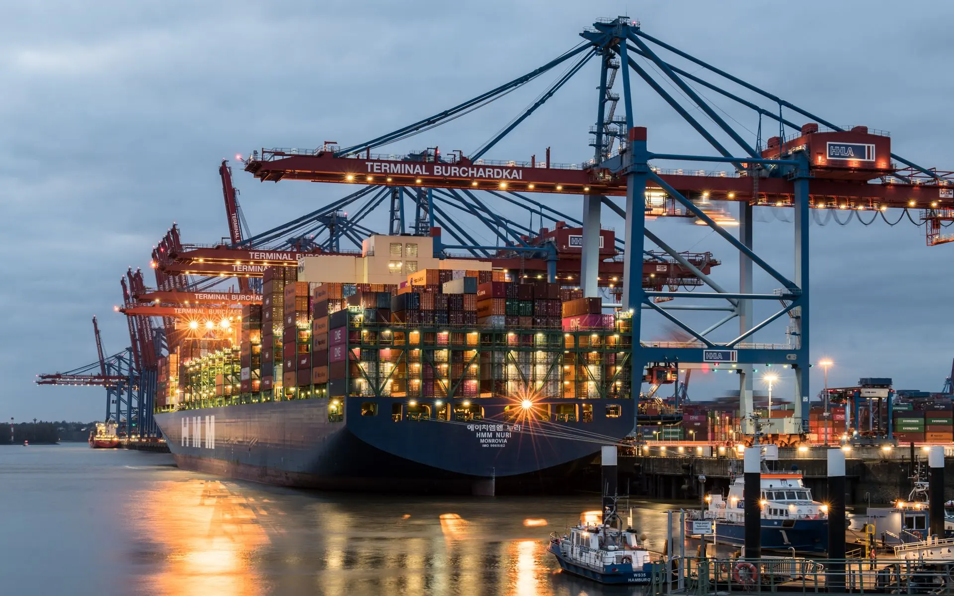 Container ship being loaded at a shipping terminal.