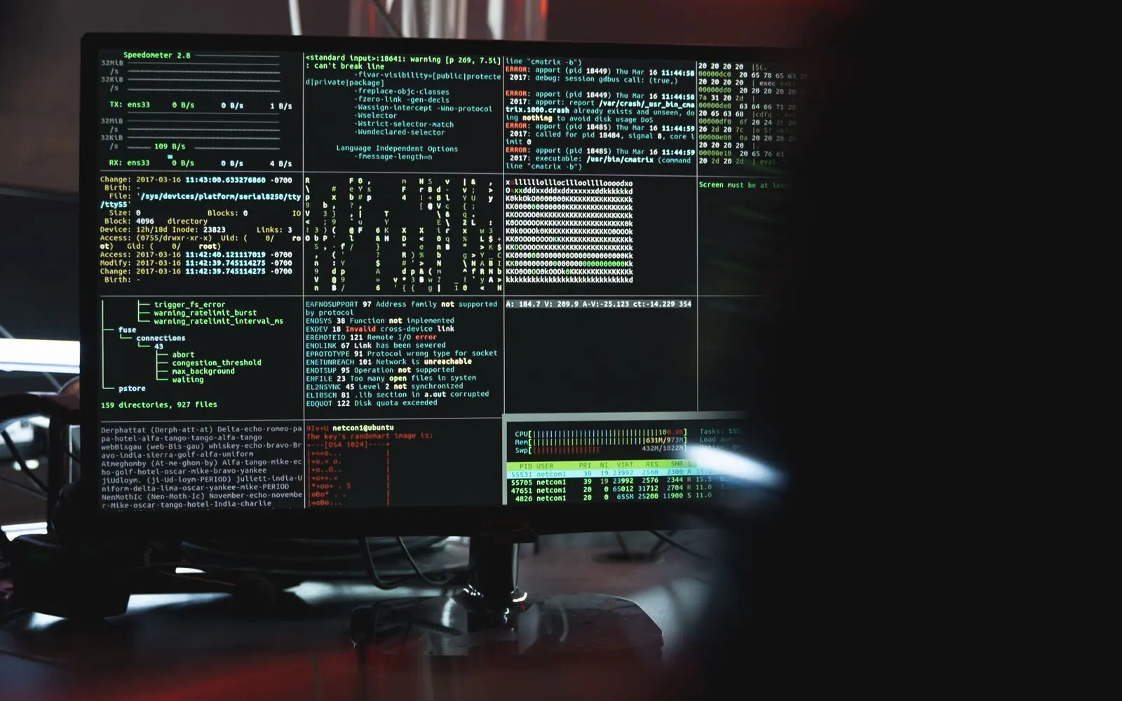 Security monitoring screens in a dark operations environment.