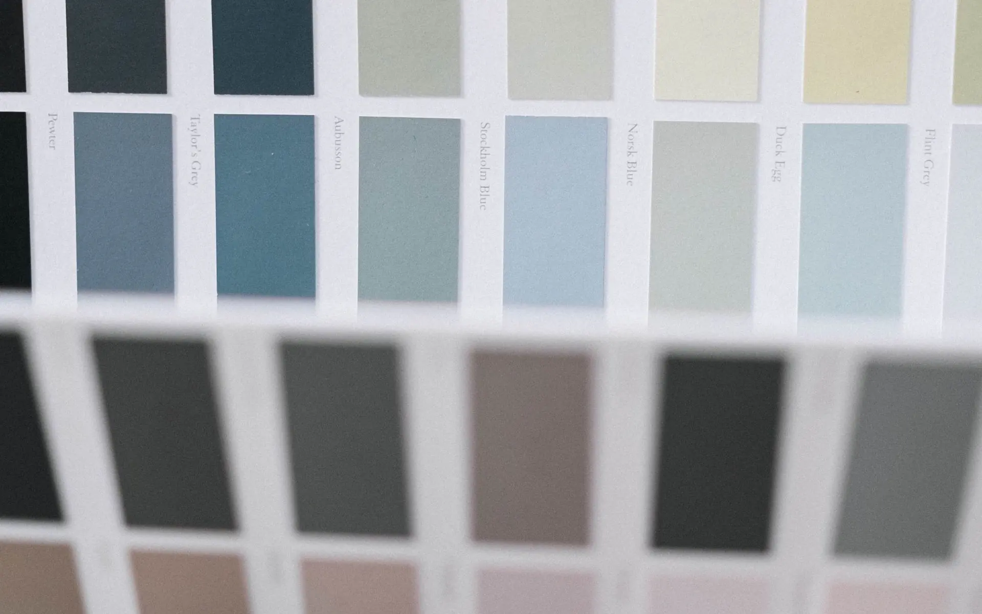 Colour palette cards arranged for design selection.