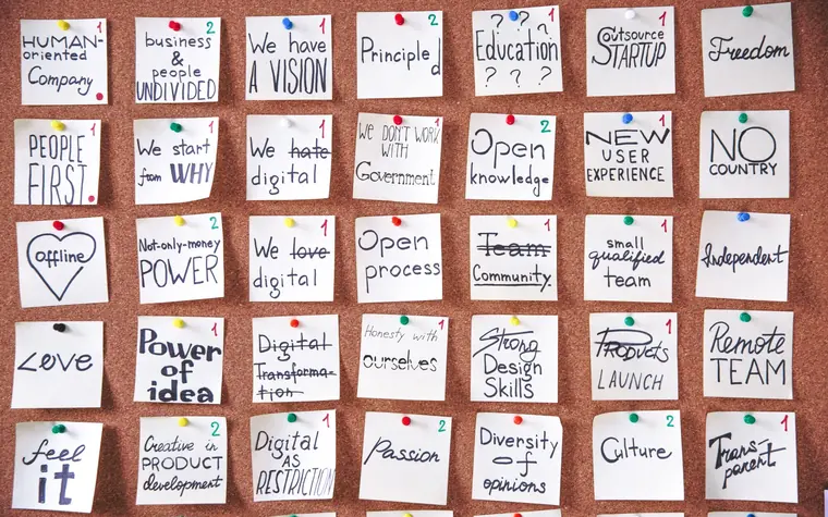 Colourful sticky notes arranged for content planning.