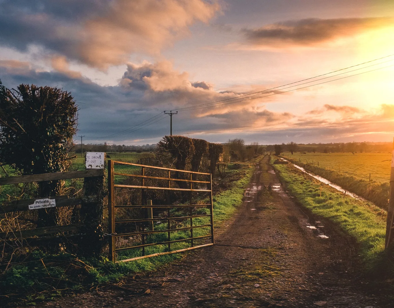 Farm gate standing half open on a country track at sunset.
