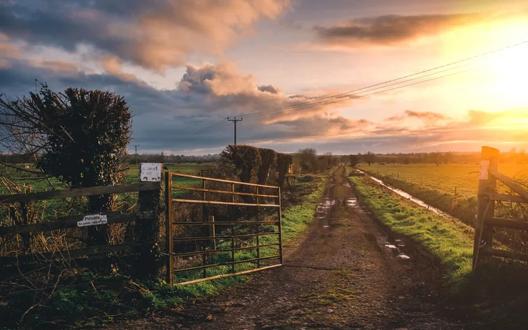 Farm gate standing half open on a country track at sunset.