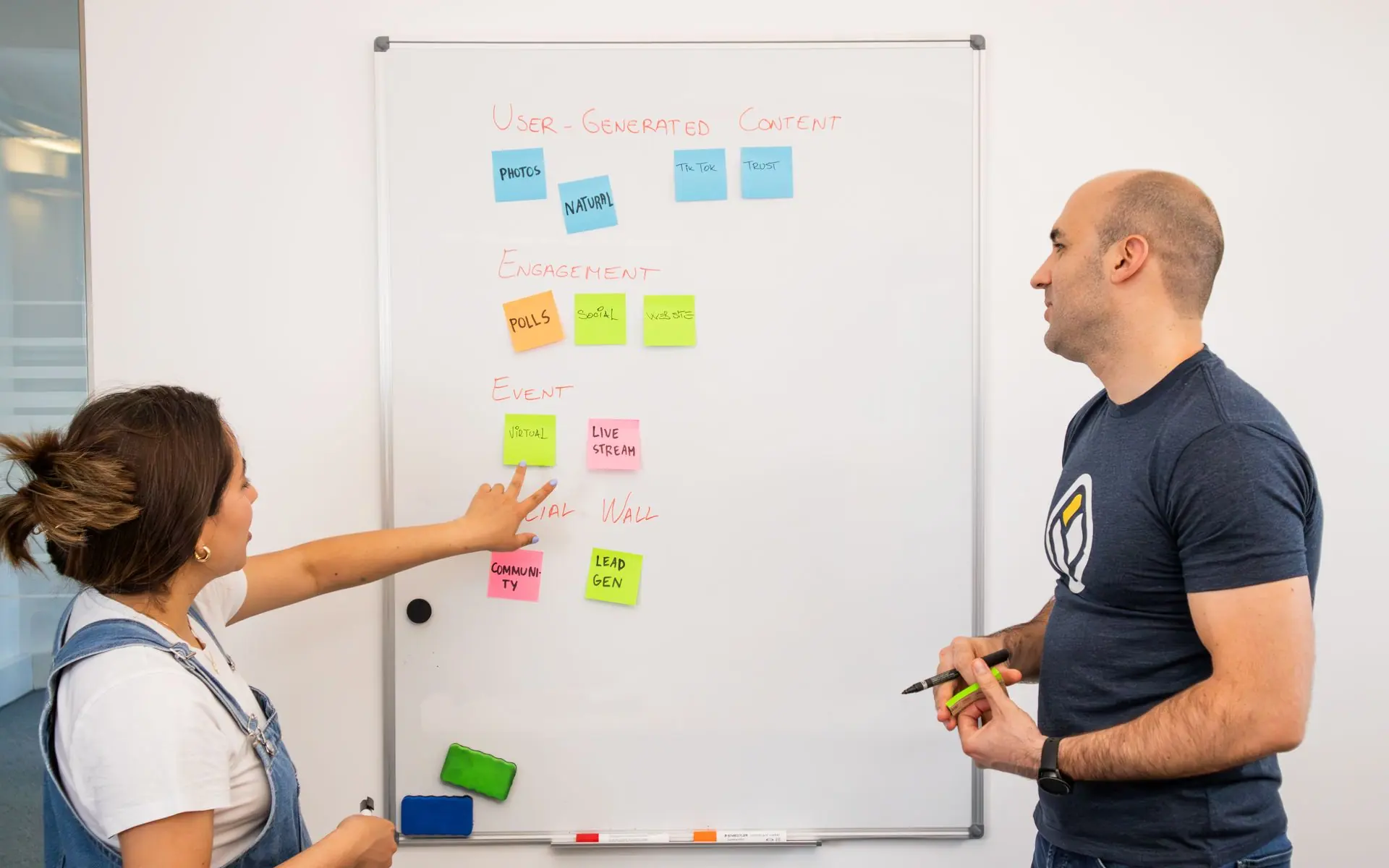 Two people running a workshop with sticky notes on a whiteboard.