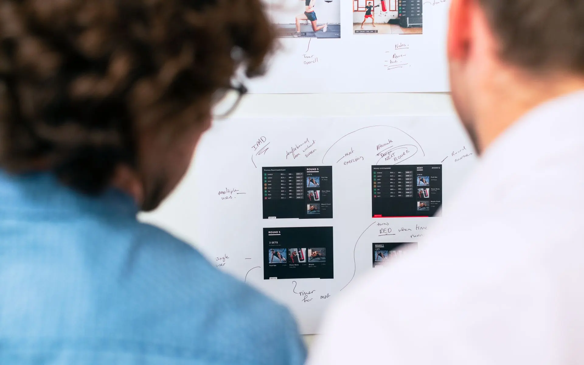 Two people reviewing a screen flow map on a wall.