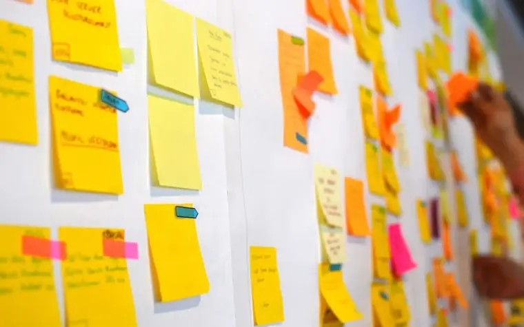 Wall of sticky notes used for agile planning.