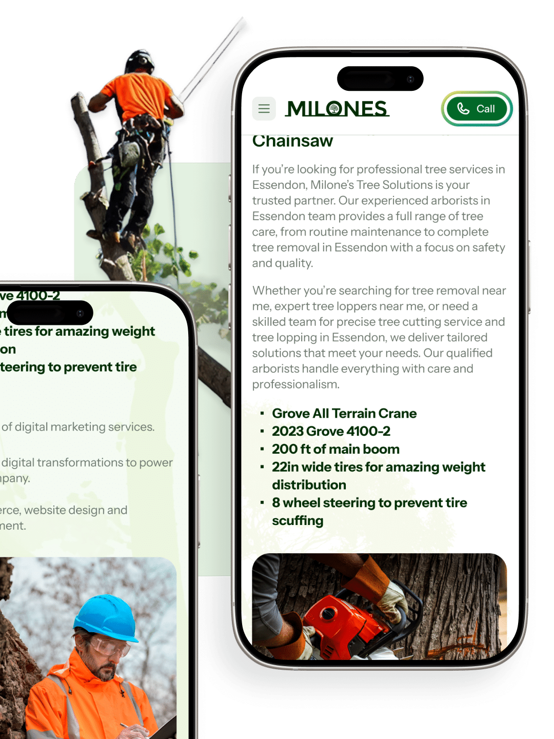 Milone’s Tree Solutions website on a mobile screen.