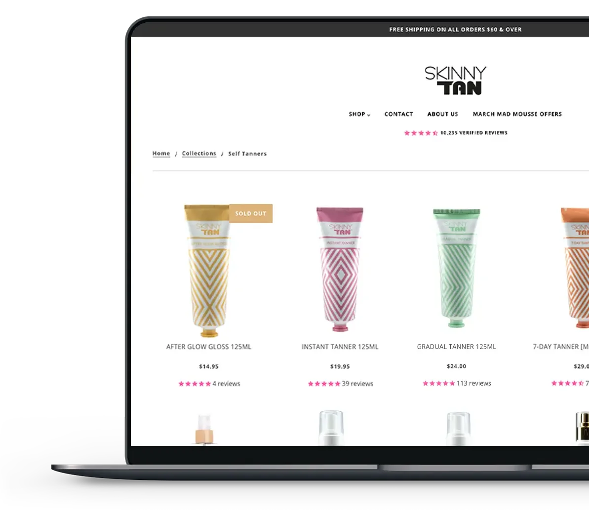 Skinny Tan website product collections page.