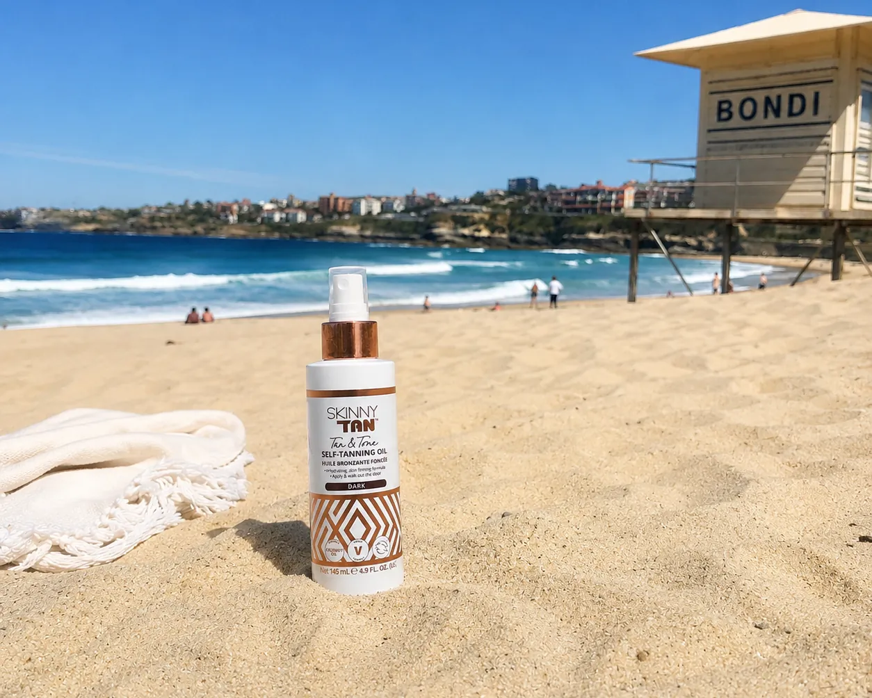 Skinny Tan tanning oil bottle on Bondi Beach.