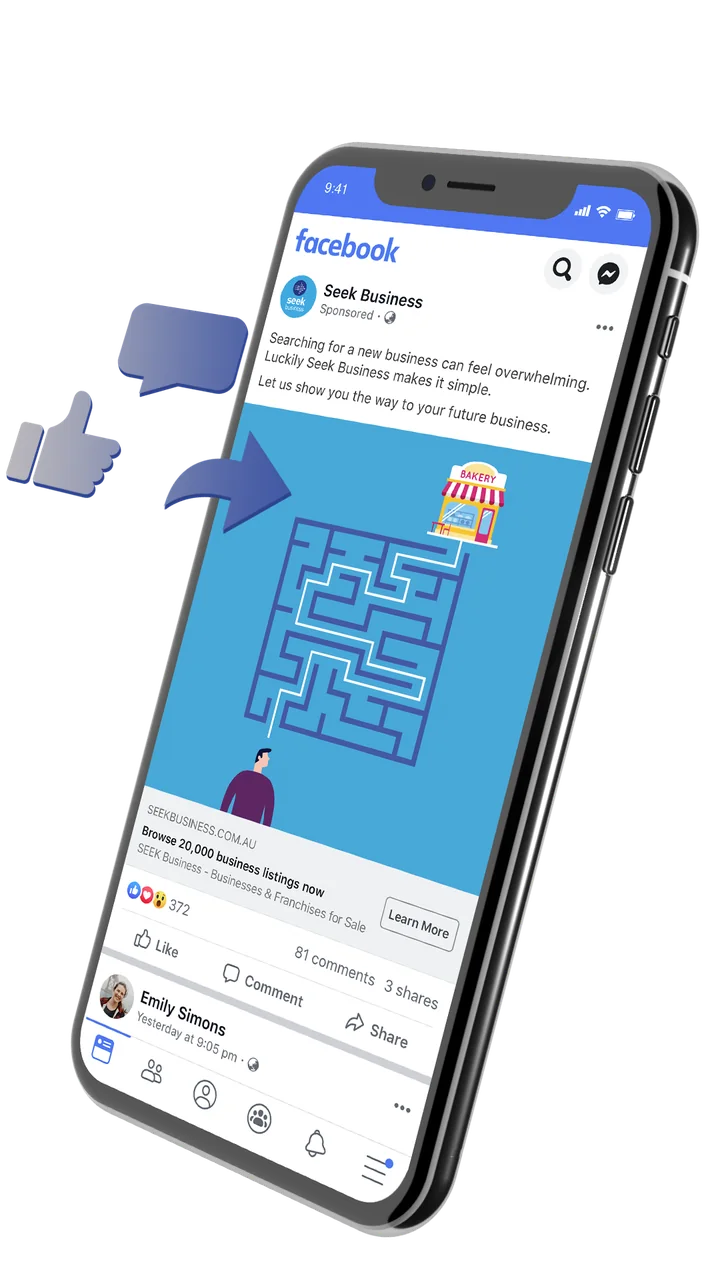Seek Business Facebook ad creative on a phone.