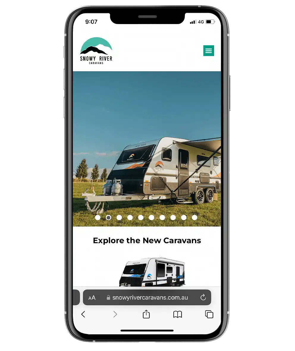 Snowy River Caravans website on a mobile device.