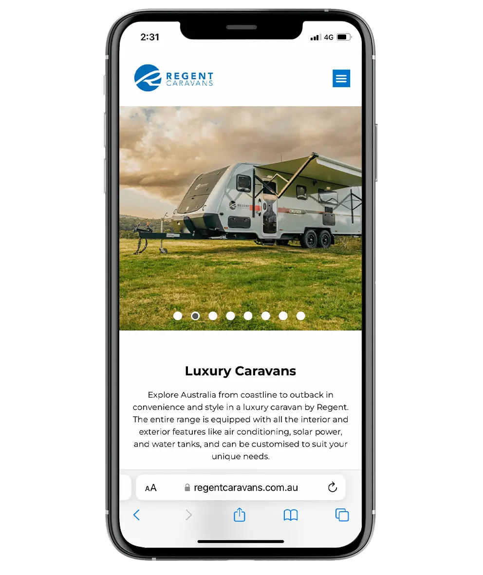Regent Caravans website on a mobile device.