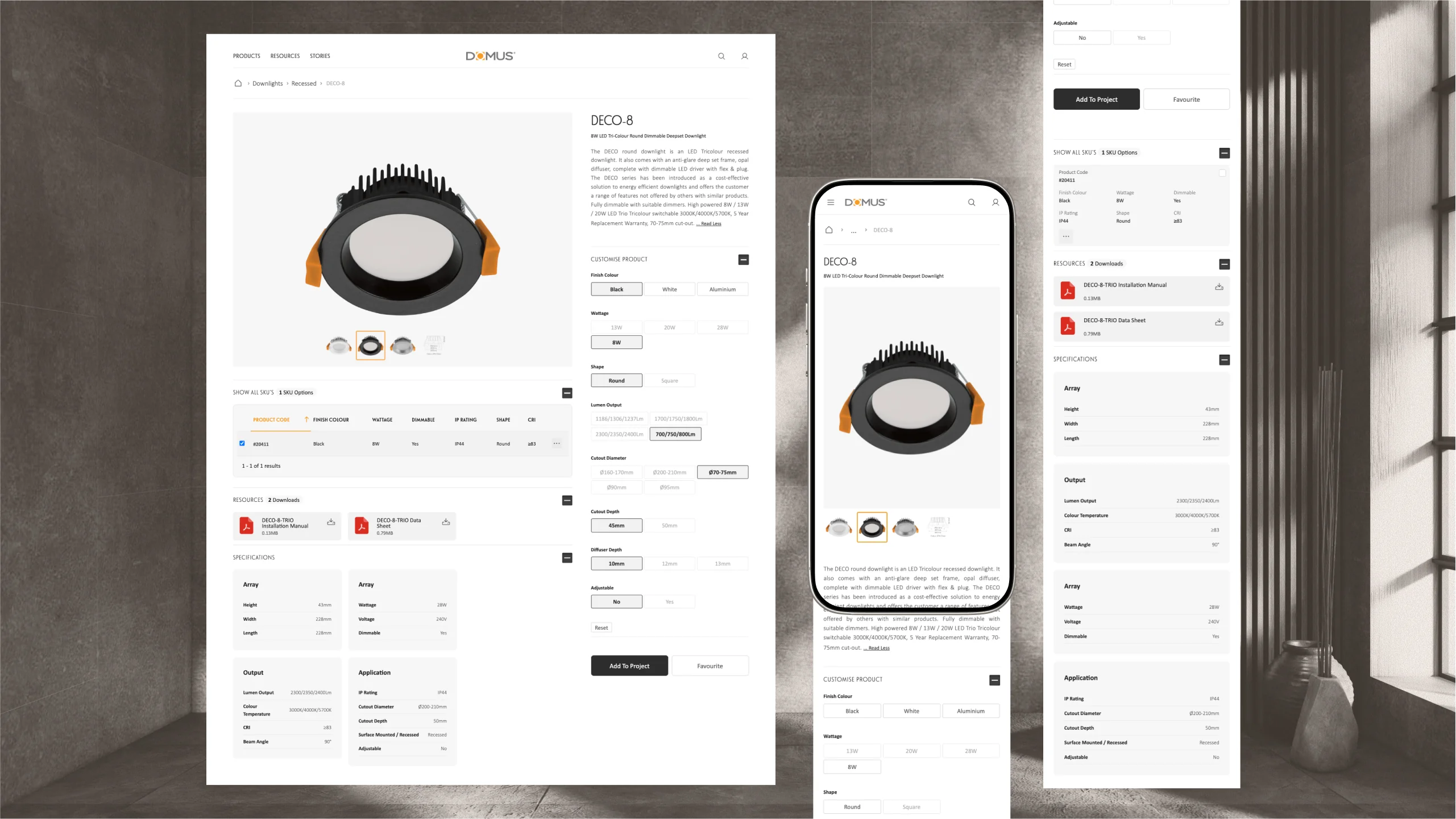 Domus Lighting product range on a desktop screen.