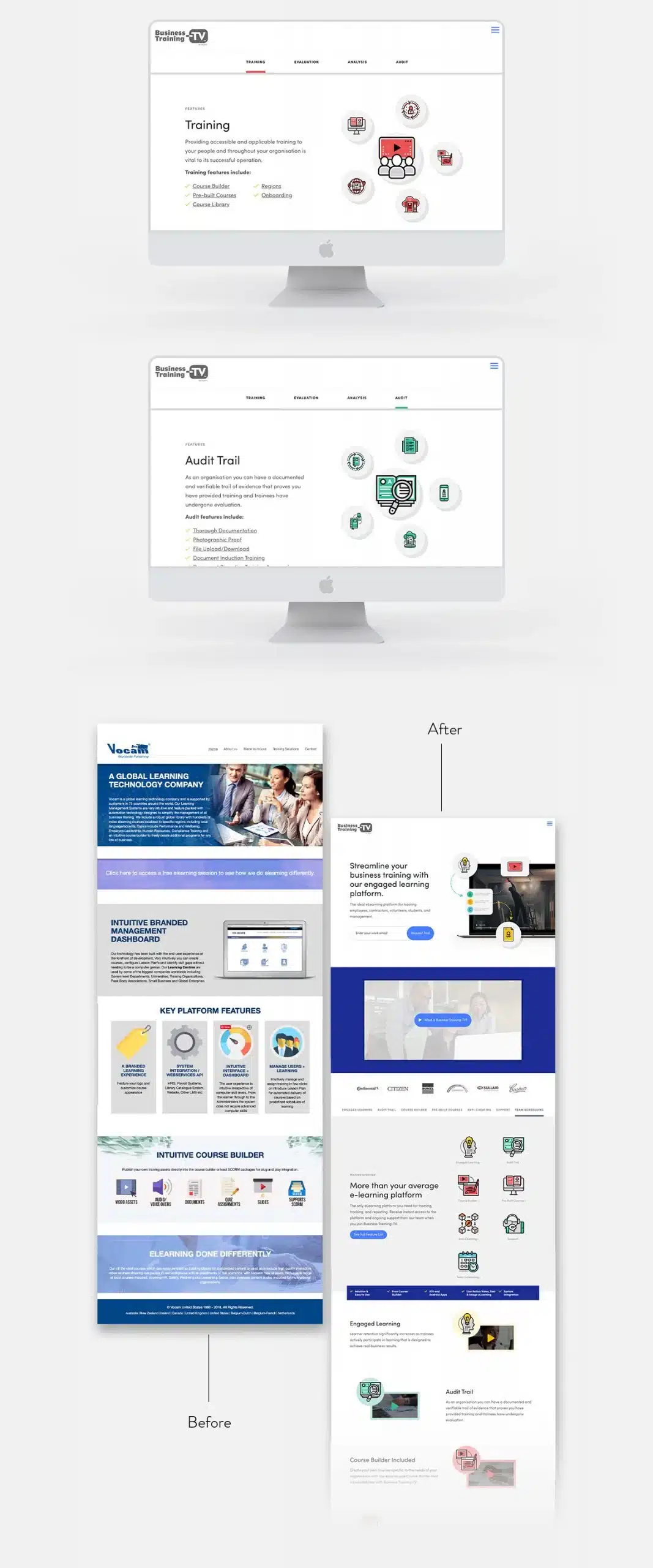 Vocam website design before and after comparison.