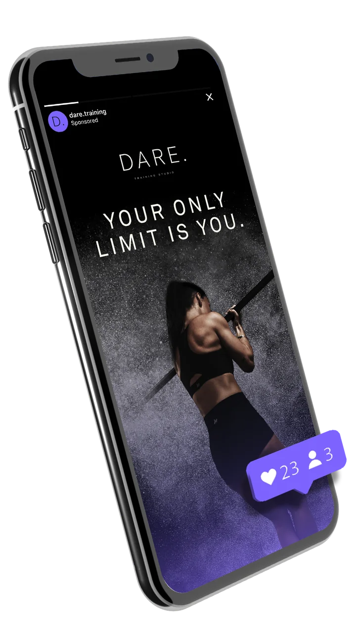 Dare Fitness Instagram story advertising on a mobile phone.
