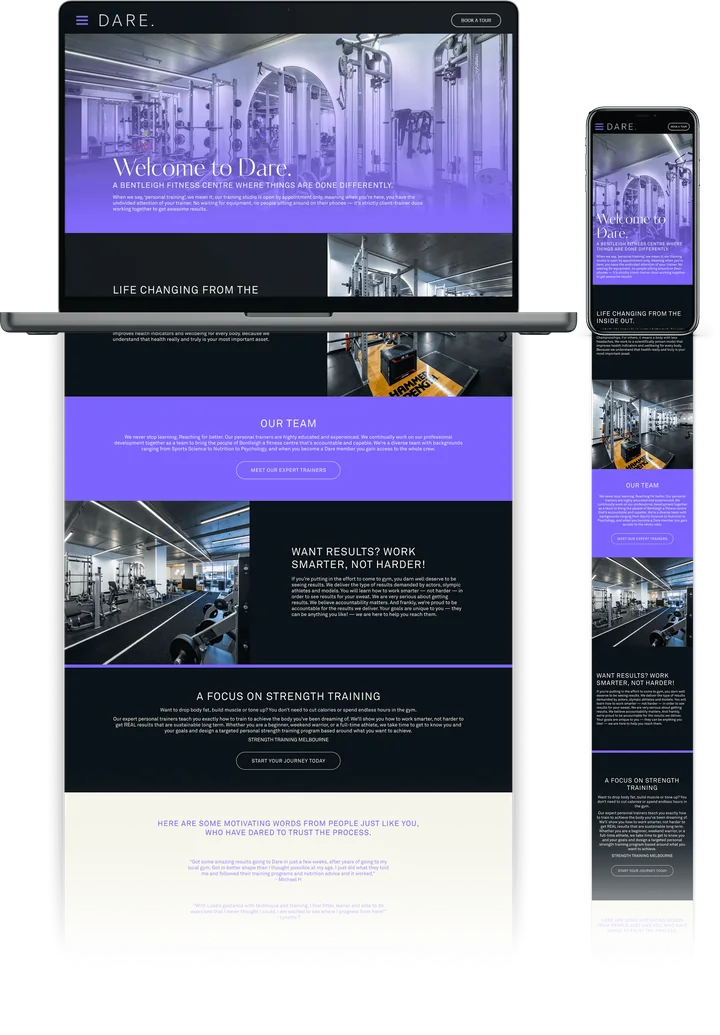 Dare Fitness website shown on a desktop computer.
