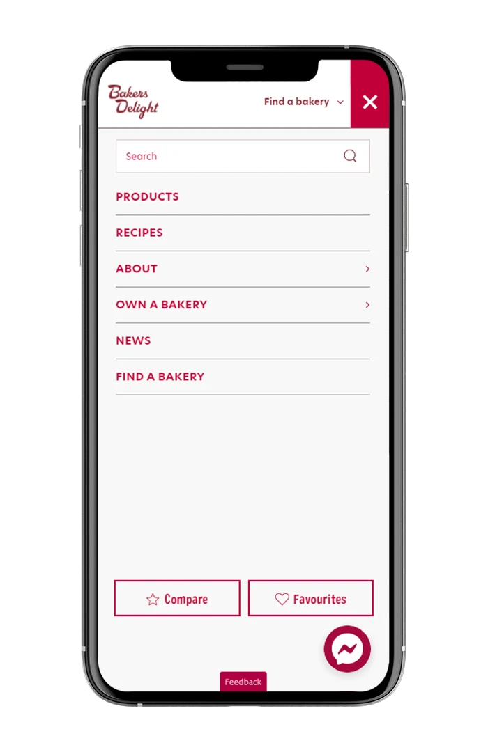Bakers Delight search menu shown on a mobile phone.