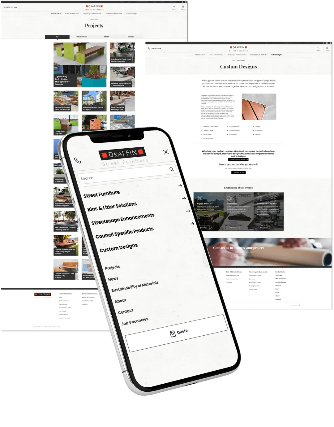 Draffin projects and custom designs pages with the mobile menu.