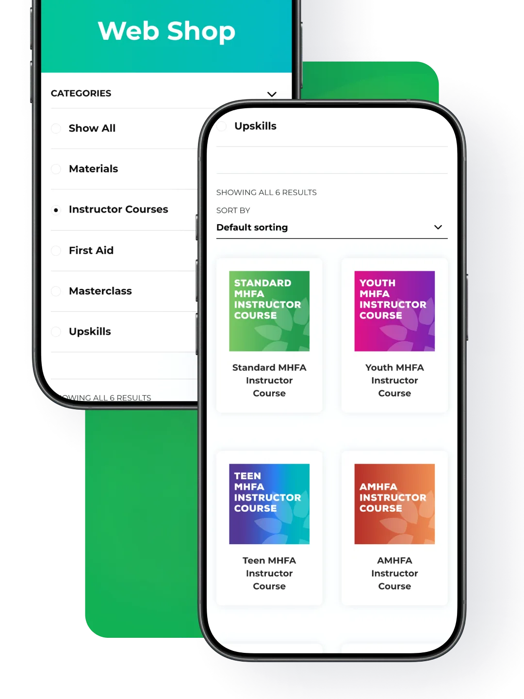 MHFA Web Shop categories and courses on mobile.