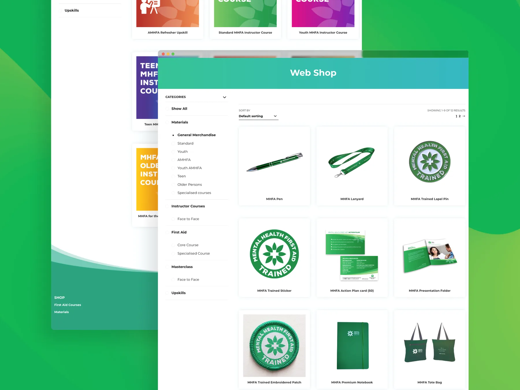 MHFA Web Shop categories and merchandise on desktop.