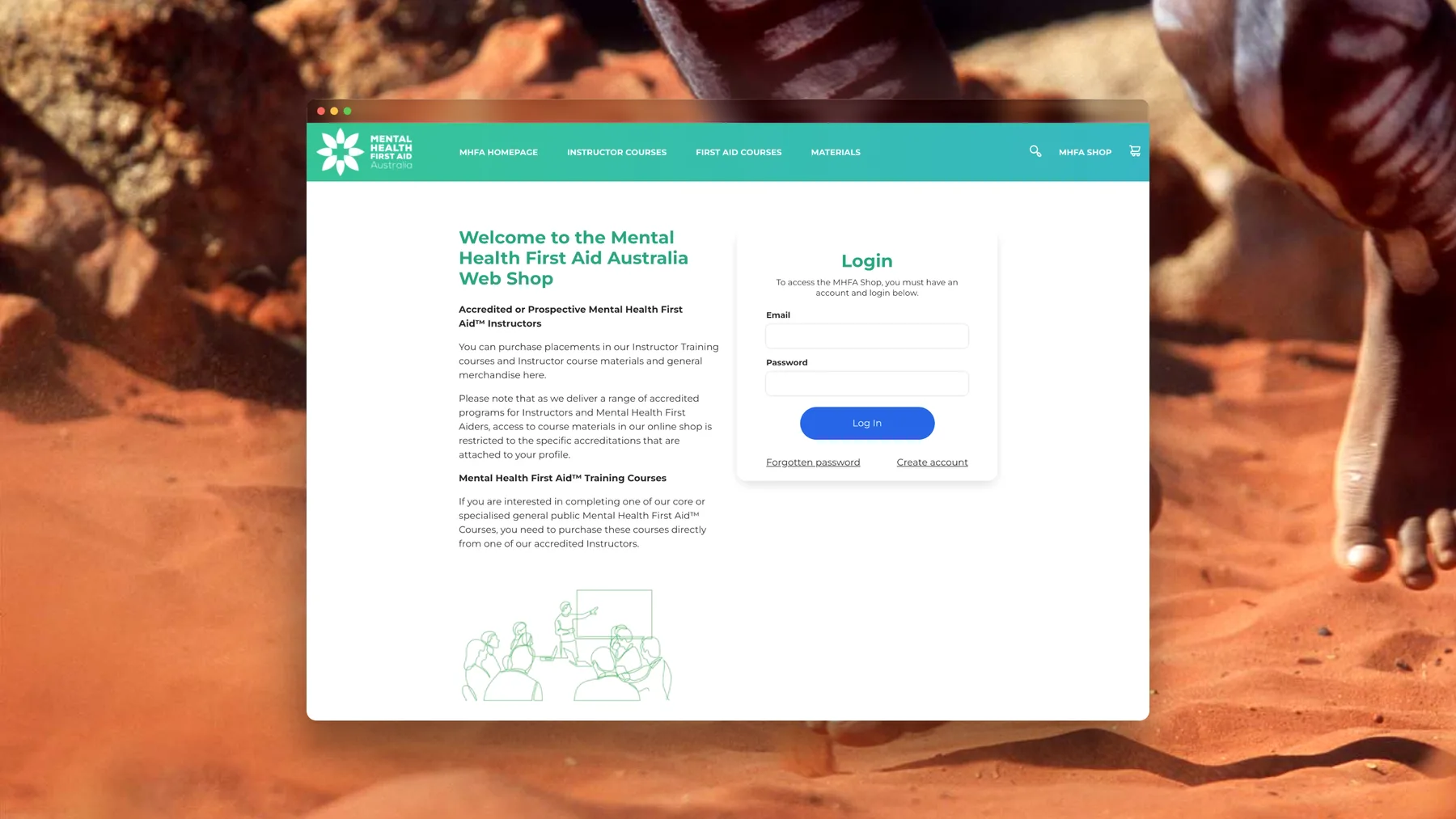 Welcome and login page of the MHFA Australia Web Shop.