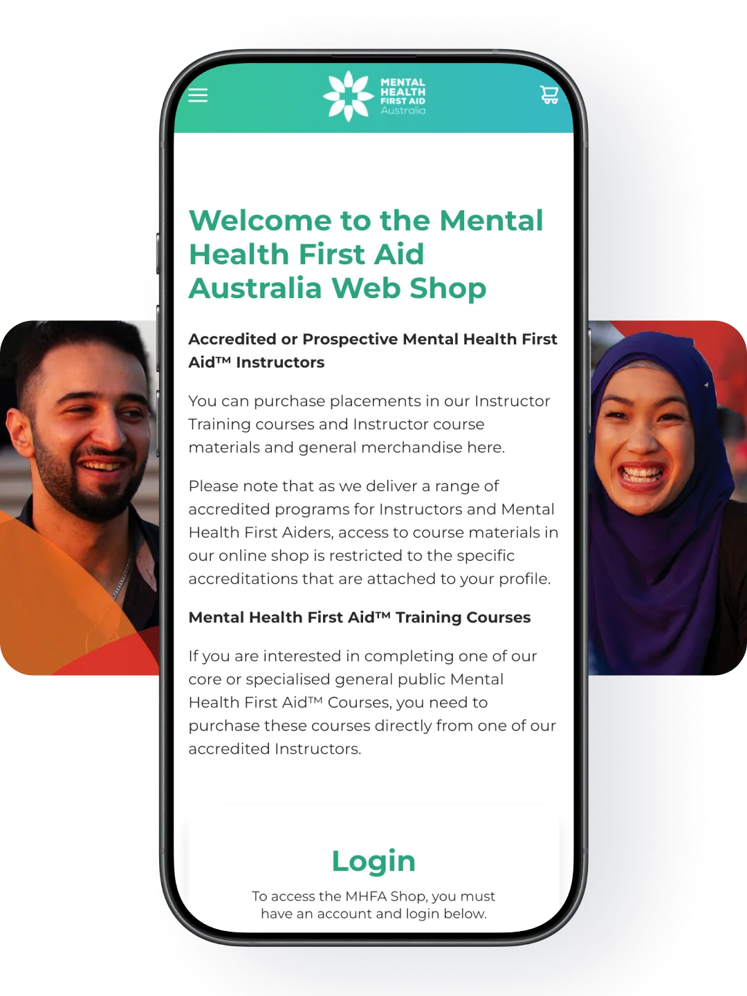 MHFA Web Shop welcome and login on mobile.