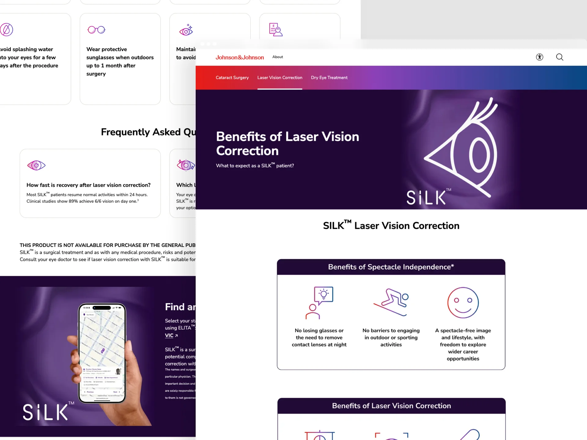 SILK laser vision correction benefits and FAQ content on the Clear Vision For You patient website.