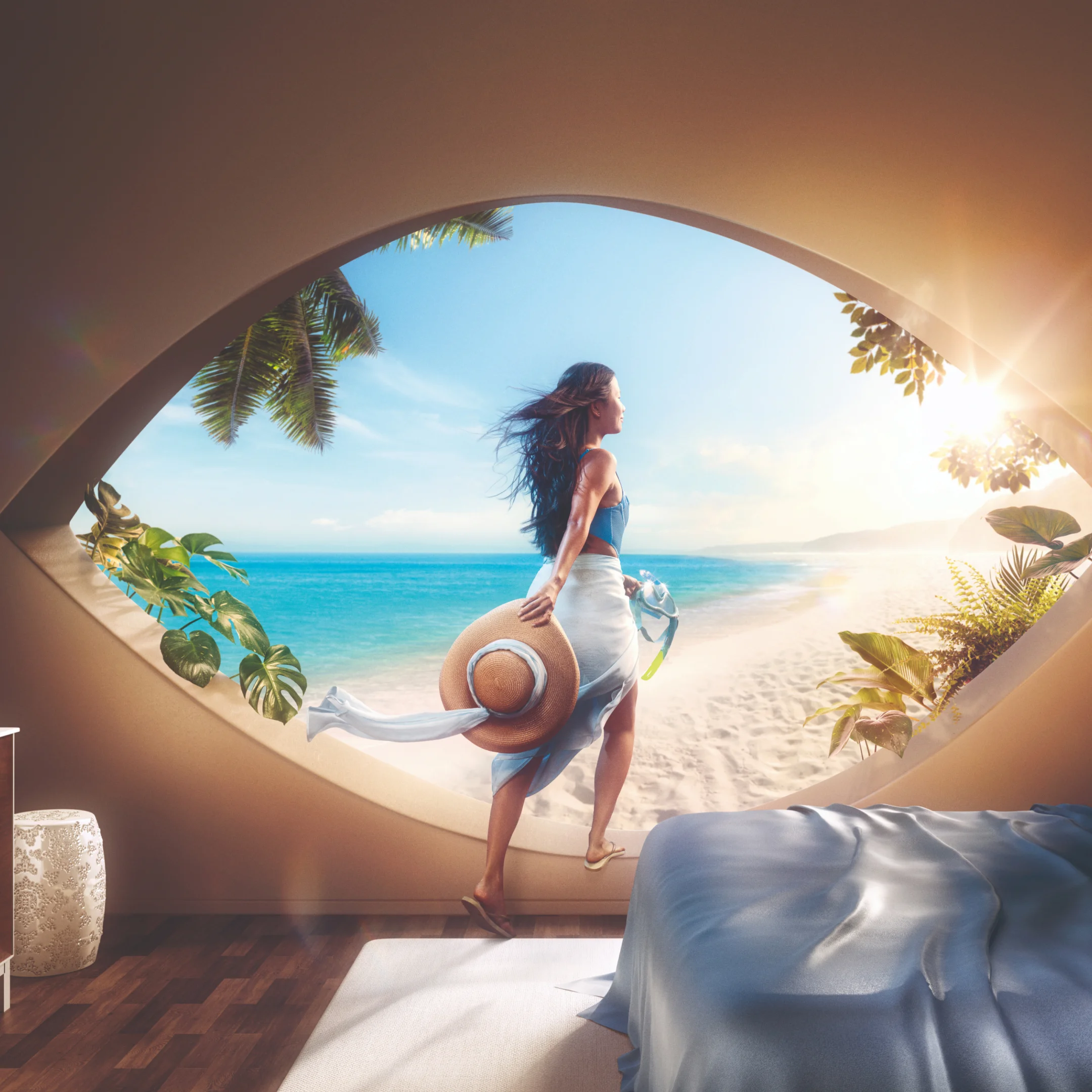 Johnson & Johnson Vision campaign image of a woman stepping through an eye shaped window onto a beach.