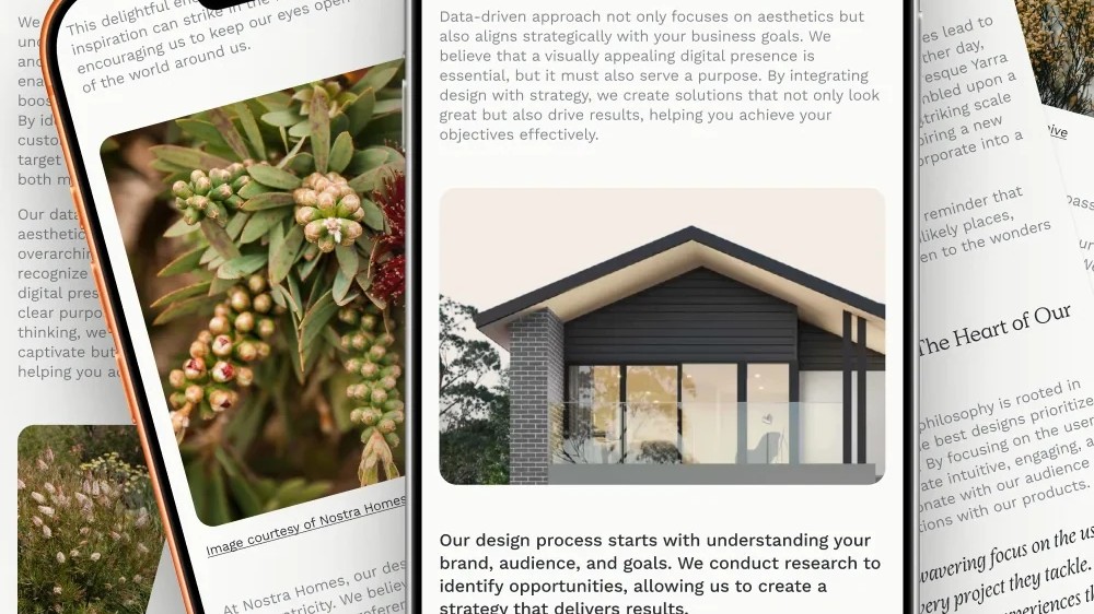 Collage of Nostra Homes brand and website design collateral, including mobile mockups and marketing materials.