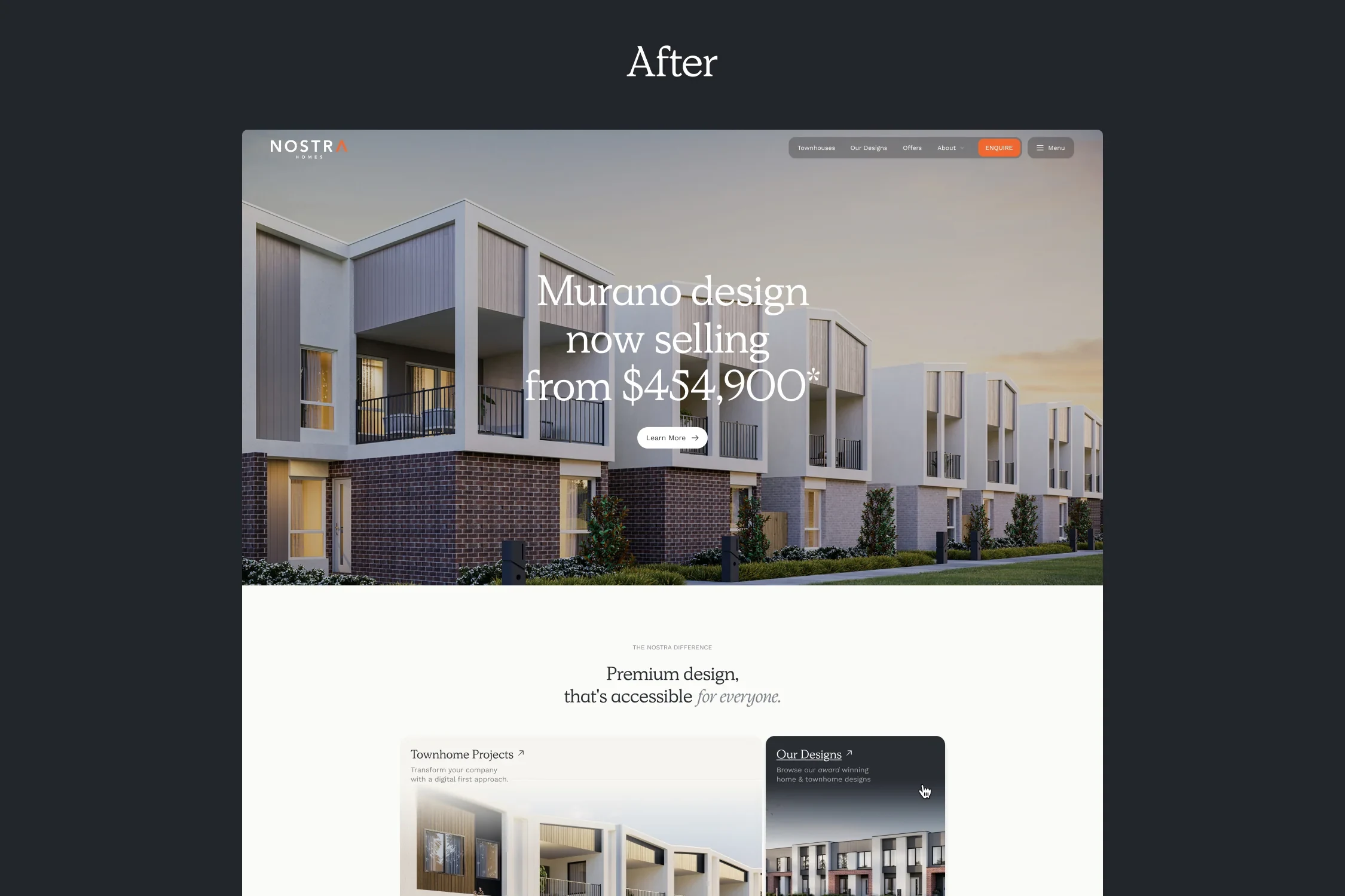 Nostra Homes website after redesign showing the new modern design.
