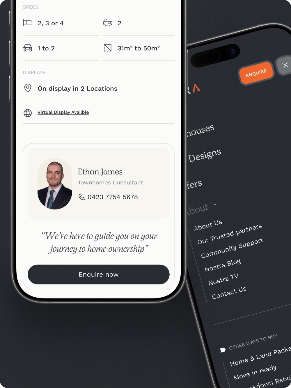 Nostra Homes mobile website mockups showing property details, a consultant card and the navigation menu on two phones.