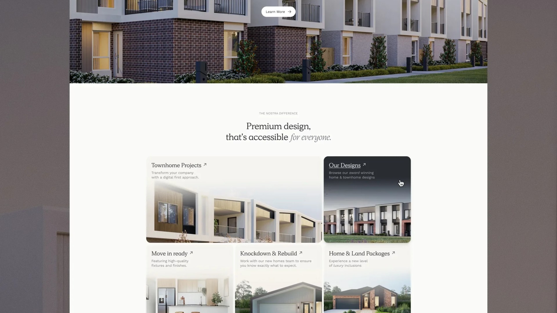 New Nostra Homes website homepage design showing the hero banner and property range.