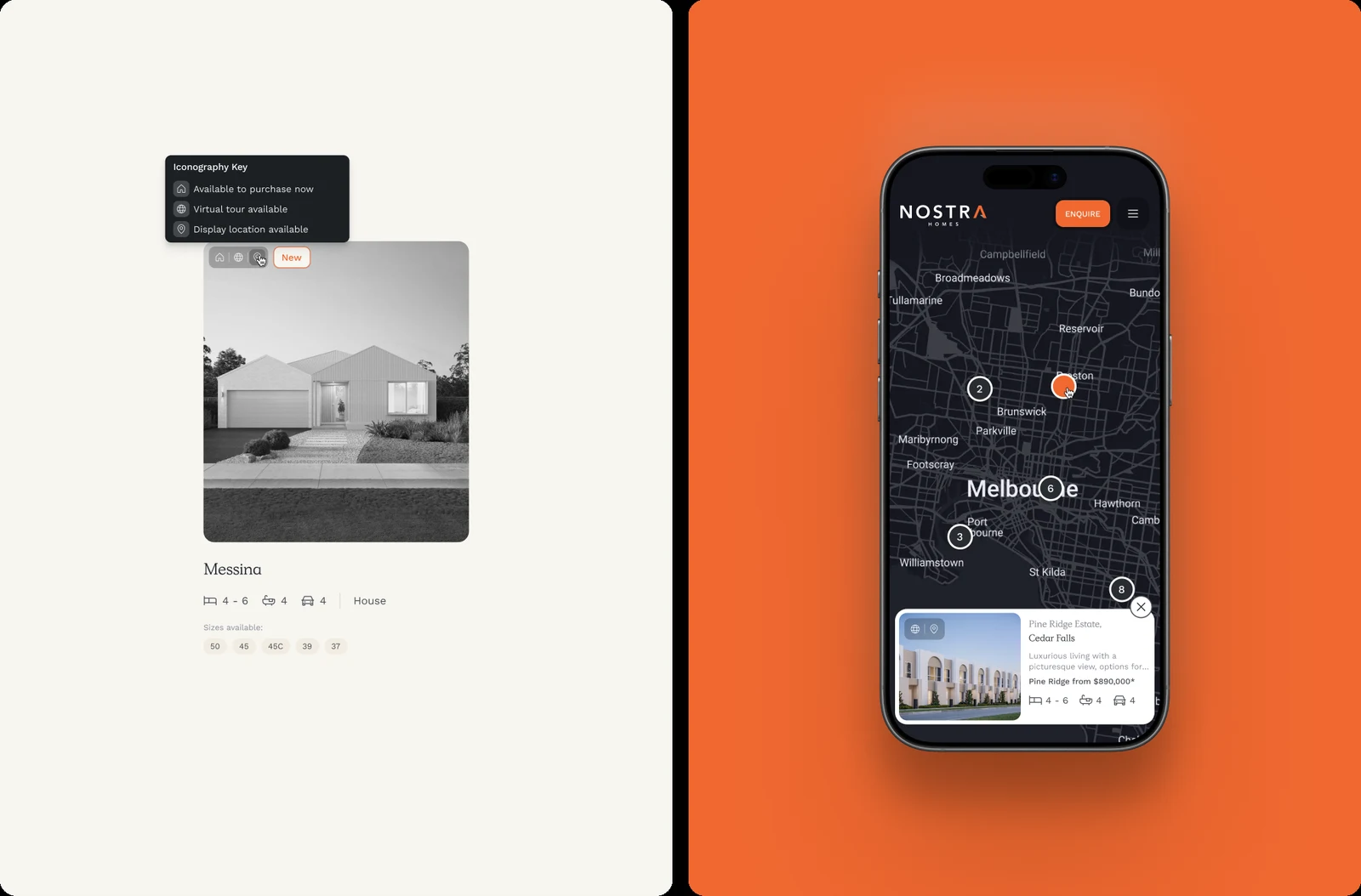 The Nostra Homes mobile menu on the brand orange ground.