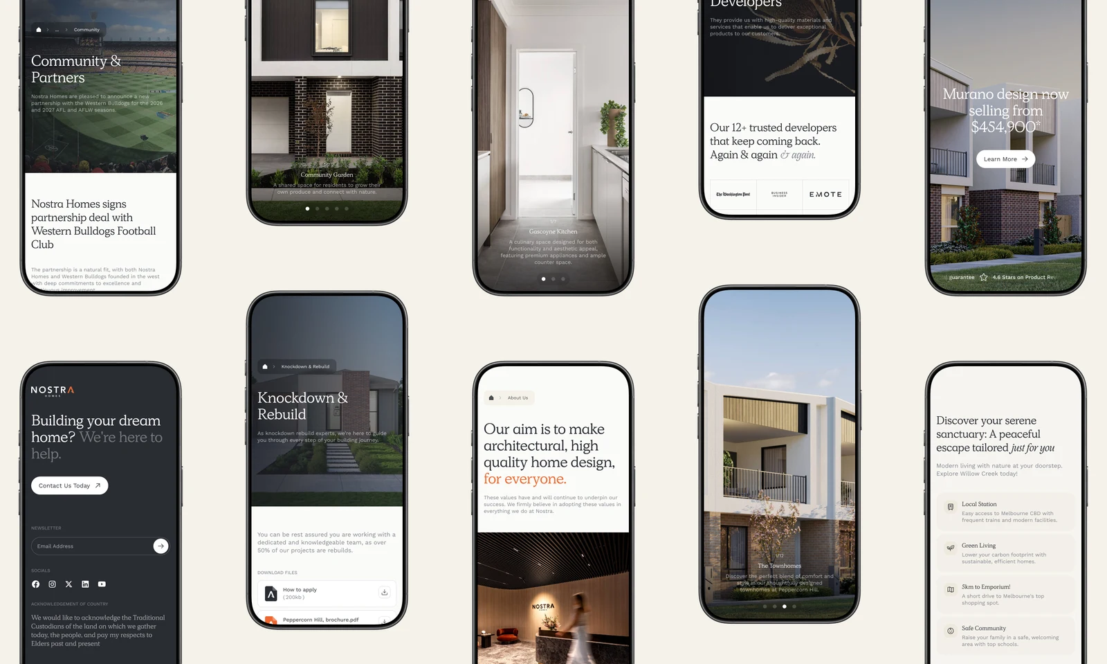 A grid of Nostra Homes mobile website screens.