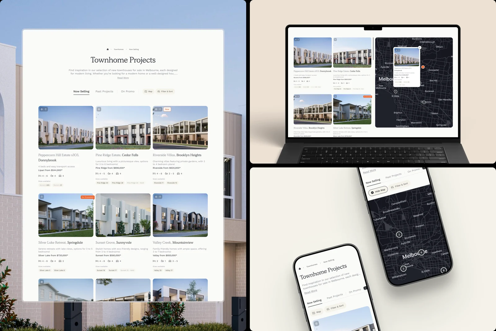 The Nostra Homes website across desktop, laptop and mobile.