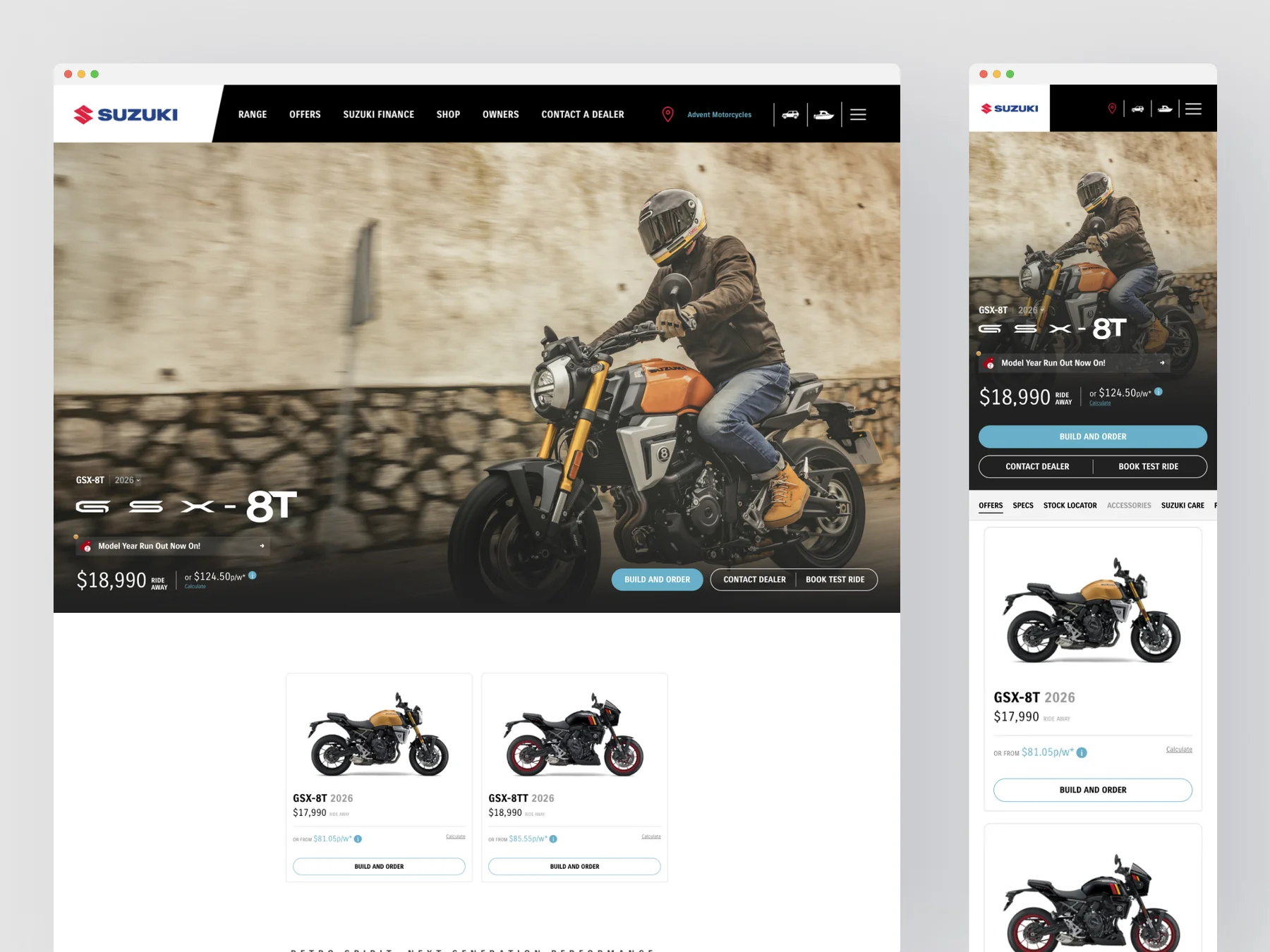 GSX-8T product pages on the Suzuki website, desktop and mobile.