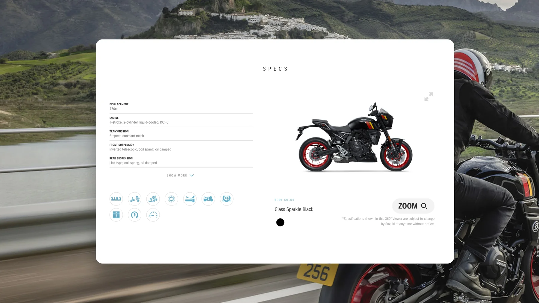 Model specifications module on the Suzuki website.