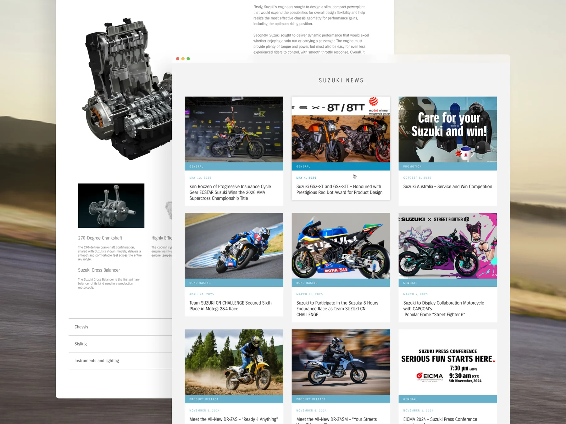 Suzuki news feed and engine technology content on the website.