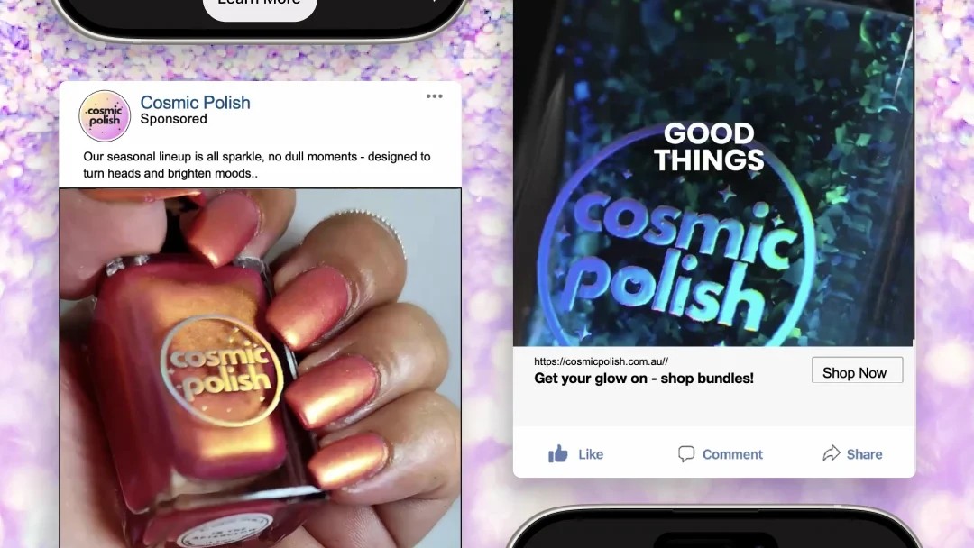 Multiple Meta ad creative variations tested for Cosmic Polish nail polish campaigns.