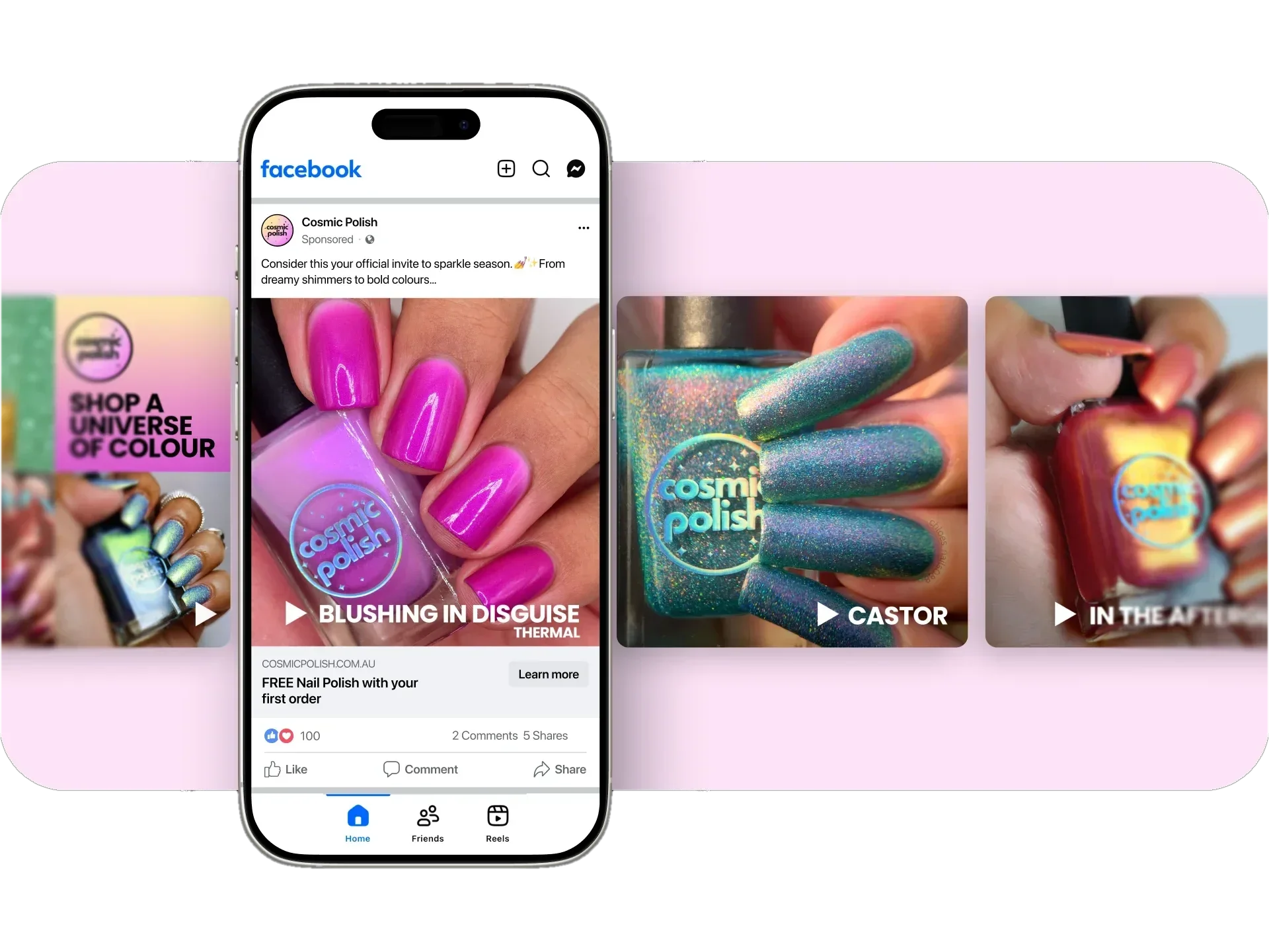 Facebook video ad mockup for Cosmic Polish showing three nail polish creative variations.