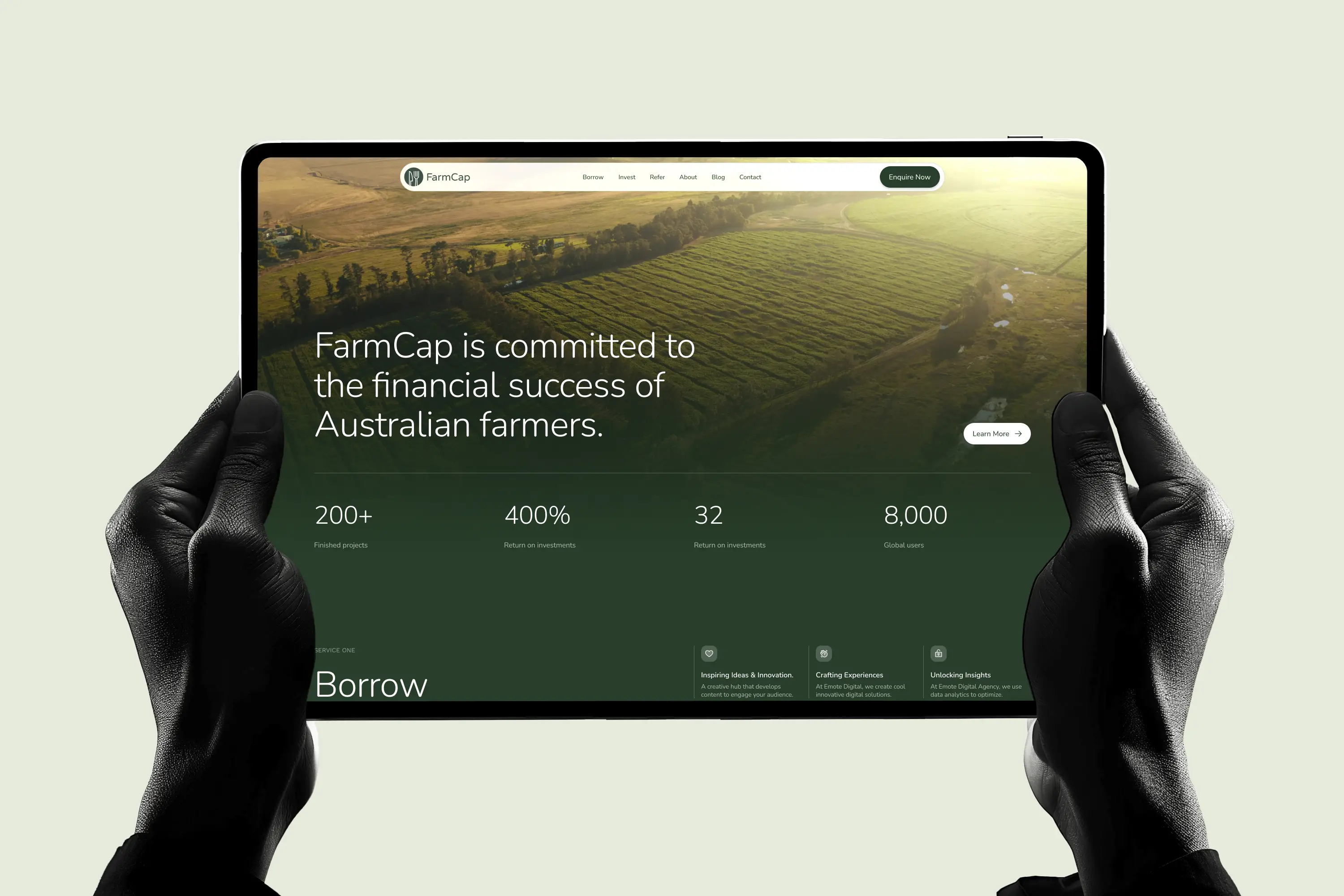 FarmCap website homepage displayed on a tablet showcasing the modern agricultural lending and investment platform.