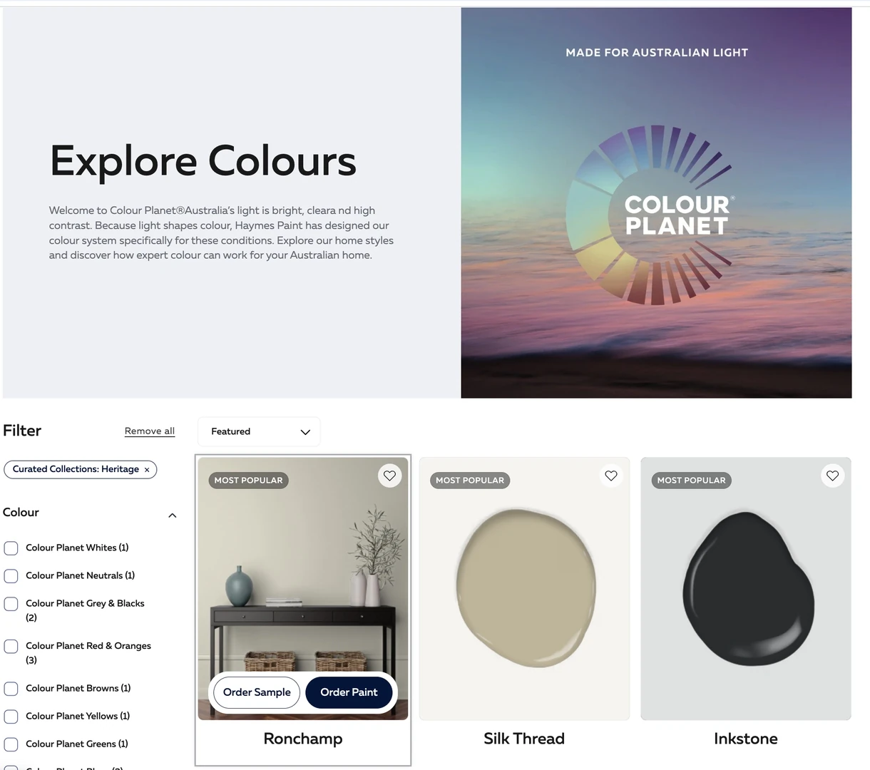 Haymes Paint Colour Planet explore colours page with swatch cards.