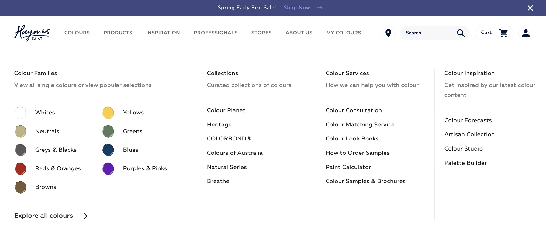 Haymes Paint Colours mega menu with colour families and services.