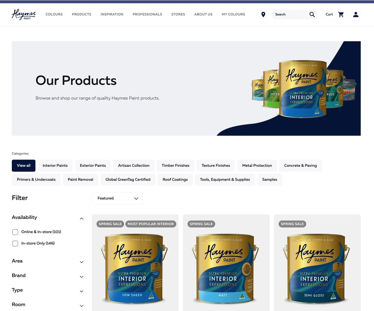 Haymes Paint products listing page with category filters and paint tins.