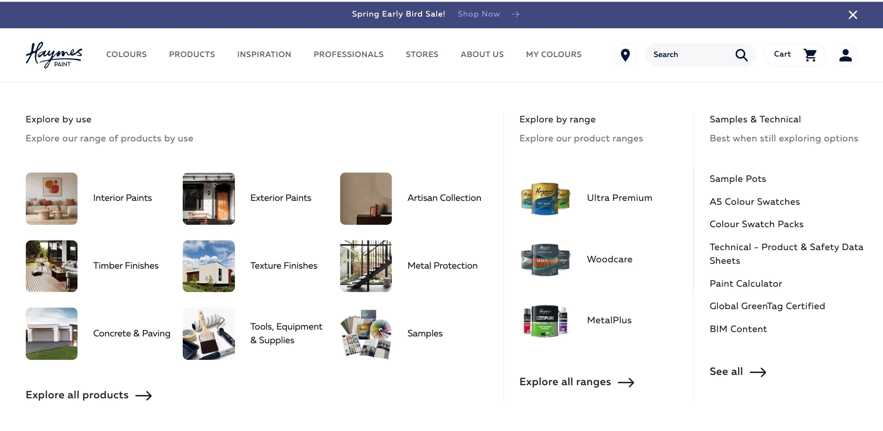 Haymes Paint Products mega menu with product categories and ranges.